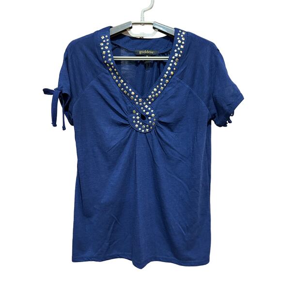 Goddess Embellished Top Women Size M Blue Studded V-Neck Tie Short Sleeve - Picture 1 of 6
